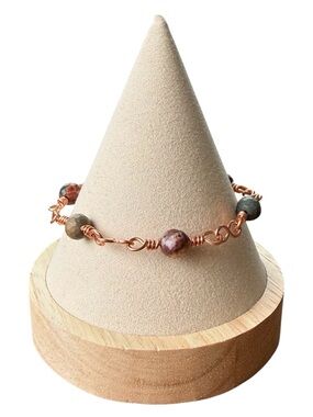 Copper Wire Figure 8 Link Bracelet Silverite Faceted Picasso Jasper Beads Sz 6.5